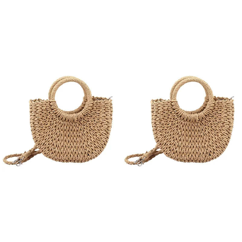 

FX-2X Straw Woven Bag Handmade Rattan Woven Vintage Retro Straw Rope Knitted Women Crossbody Handbag With Ring Brown