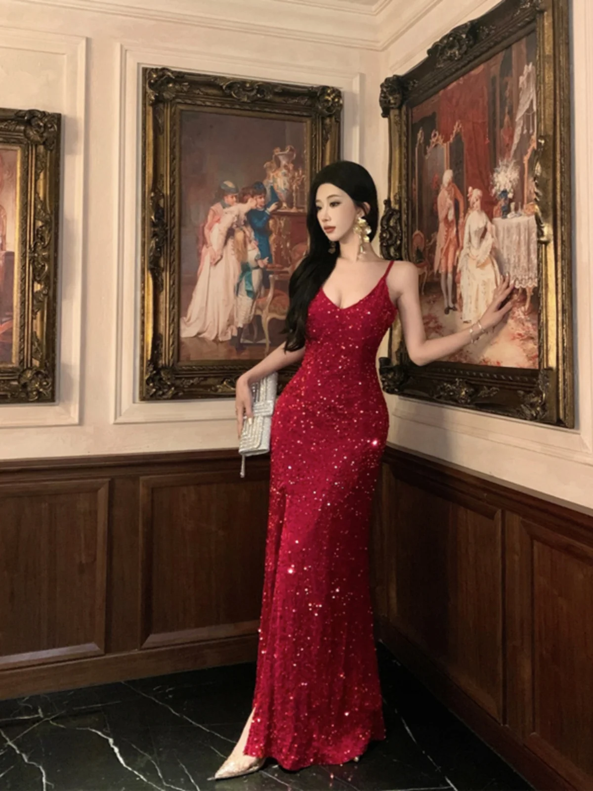 Sexy bal rode bruiloft Dr Cisas thema lage taille jurk met pailletten strapl fi staart lange Dr voor verloving