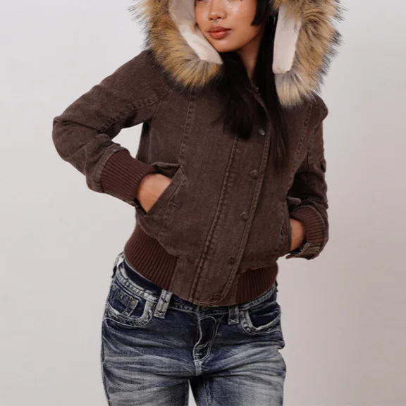 Retro Autumn and Winter New Removable Fur Collar Short One-piece Hat Jacket