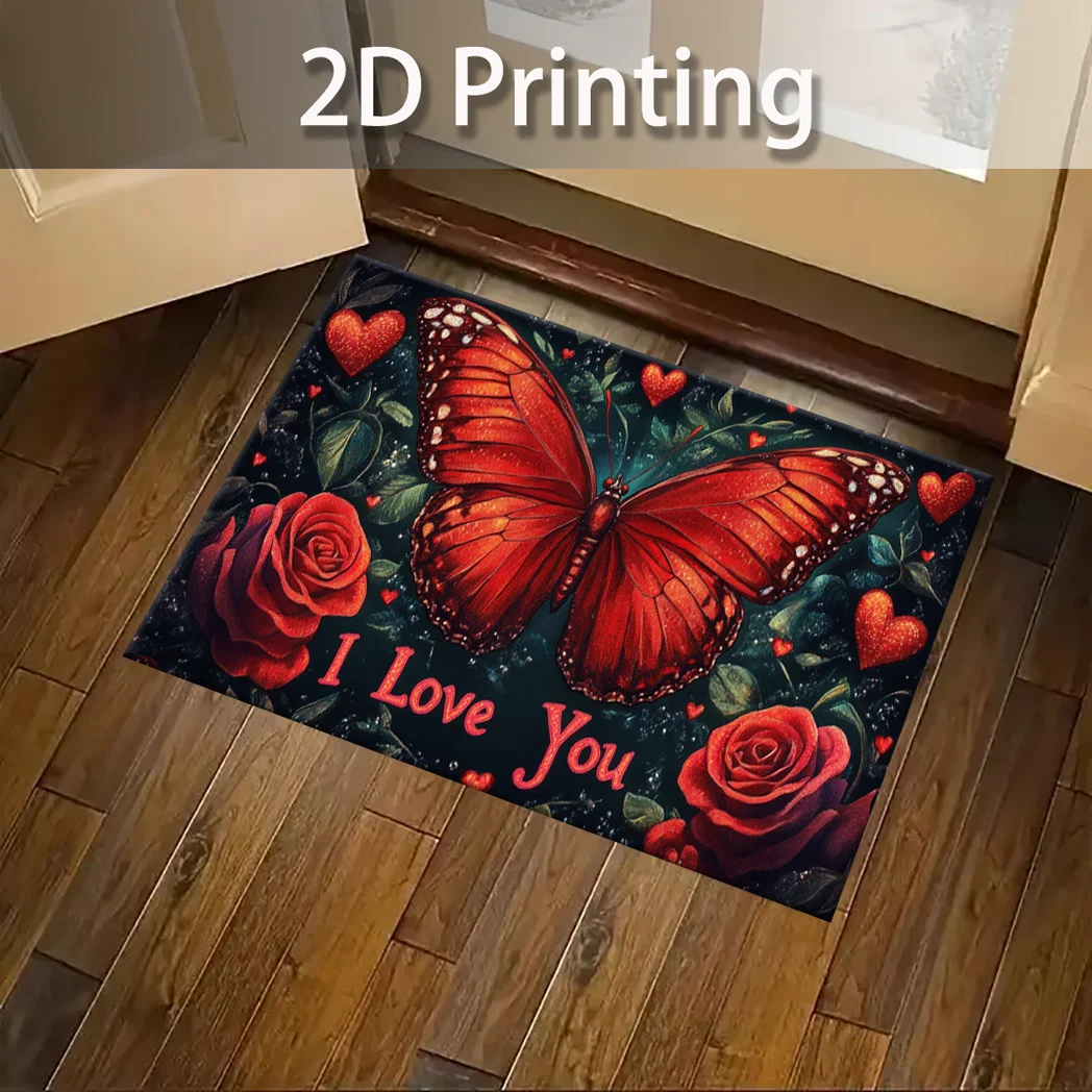 VIKAMA Valentinstag-Teppich, roter Schmetterlingsteppich, 2D-Küchenteppich, Fußmatte, Willkommensmatte, Teppich für Wohnzimmer, Teppich für Schlafzimmer, Zuhause