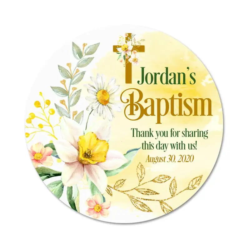 Daffodils & Floral Cross / Custom Labels For Christening, Baptism, Confirmation or Communion Round