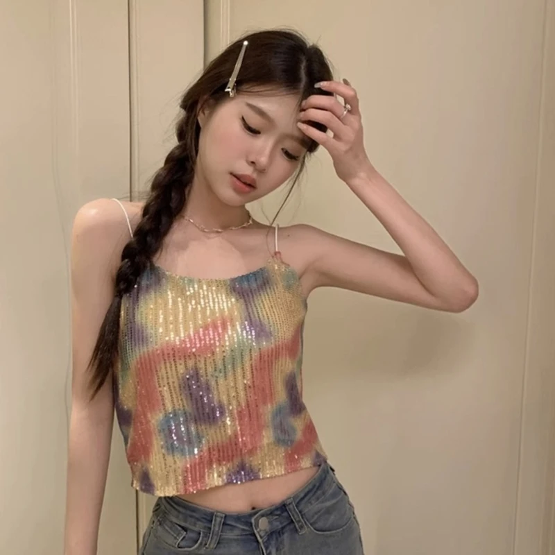 ผู้หญิงไนท์คลับ Sequins Crop Top สายสปาเก็ตตี้ Camisole