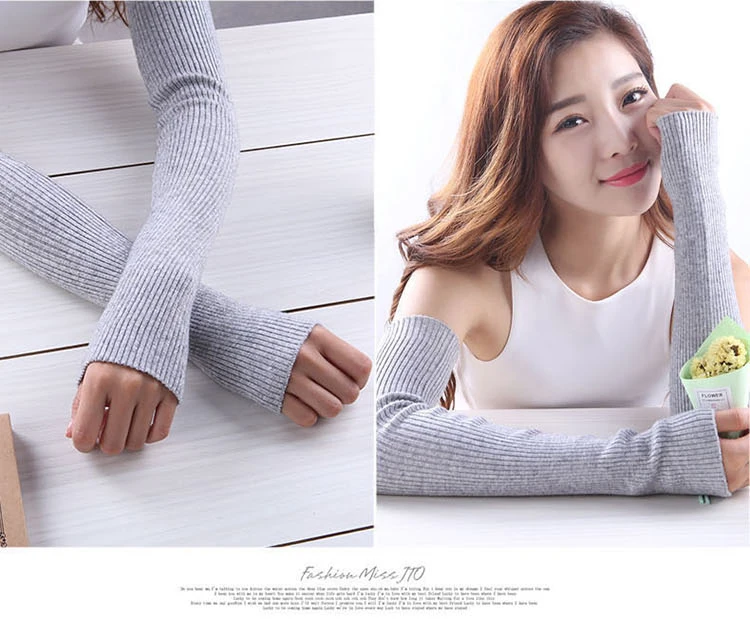 Herbst Winter 40 50 60 CM frauen Wolle Arm Wärmer Gestrickte Woolen Arm Hülse Solide Feine Lange Gestrickte Fingerlose handschuhe Großhandel – Detail 3