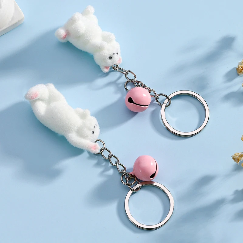 3D Flocking White Cat Keychain Cartoon Plush Animal Keyring Bag Pendant Car Key Holder Earphone Charm DIY Jewelry Accessor