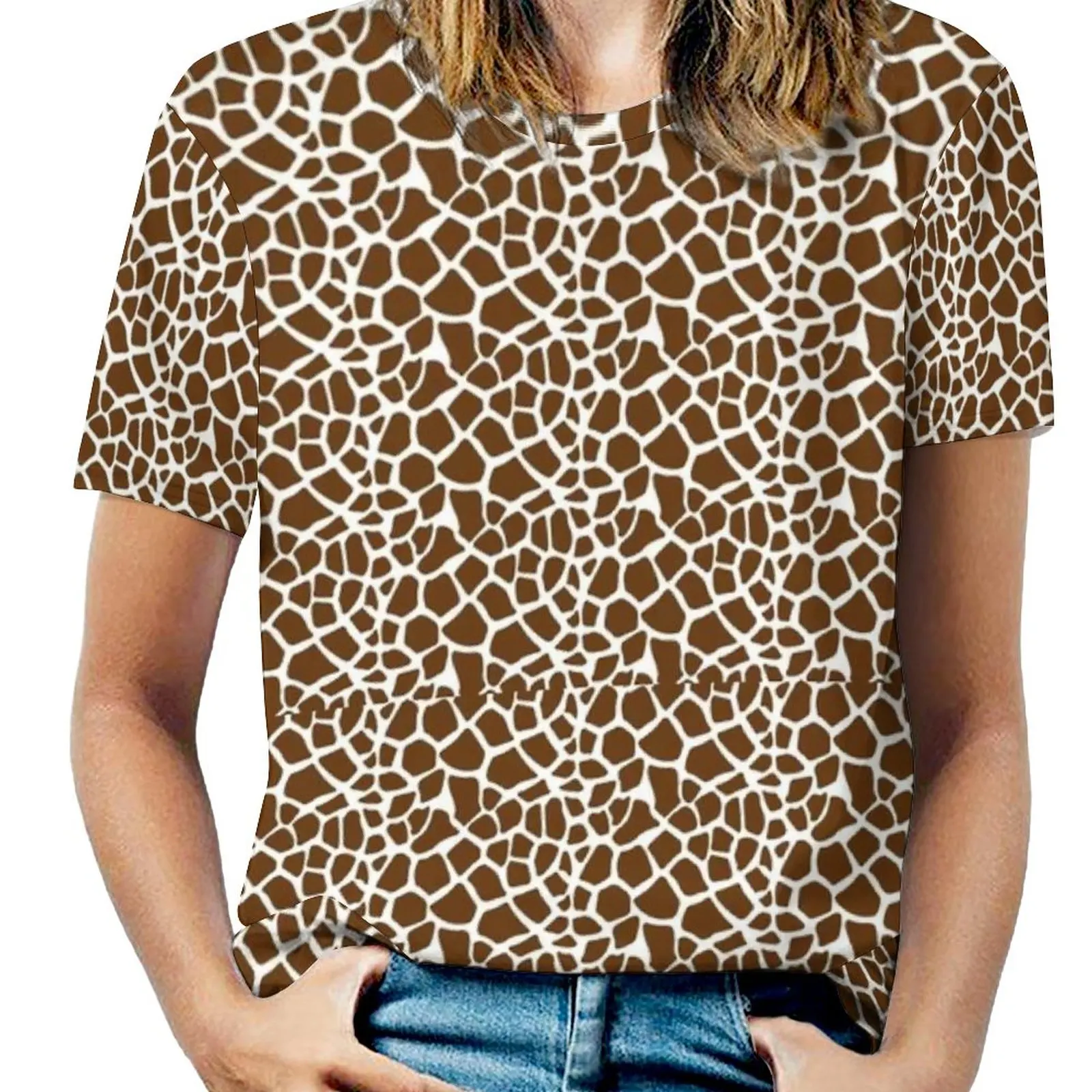 Brown And White Giraffe Print Woman'S T-Shirt Spring And Summer Printed T Shirts Crew Neck Pullover Top Brown White Giraffe