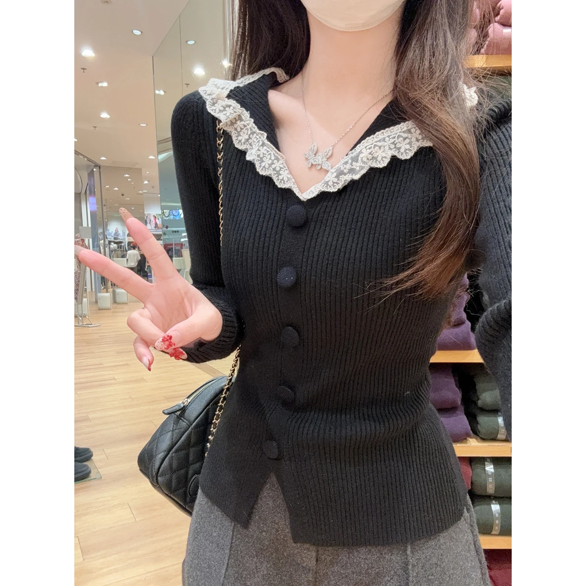 

Faionable Knitted Sweater Women's Slim Fit Lace Trim Button up f Open Ne Autumn Winter Korean Sle Pure Desire Base L...