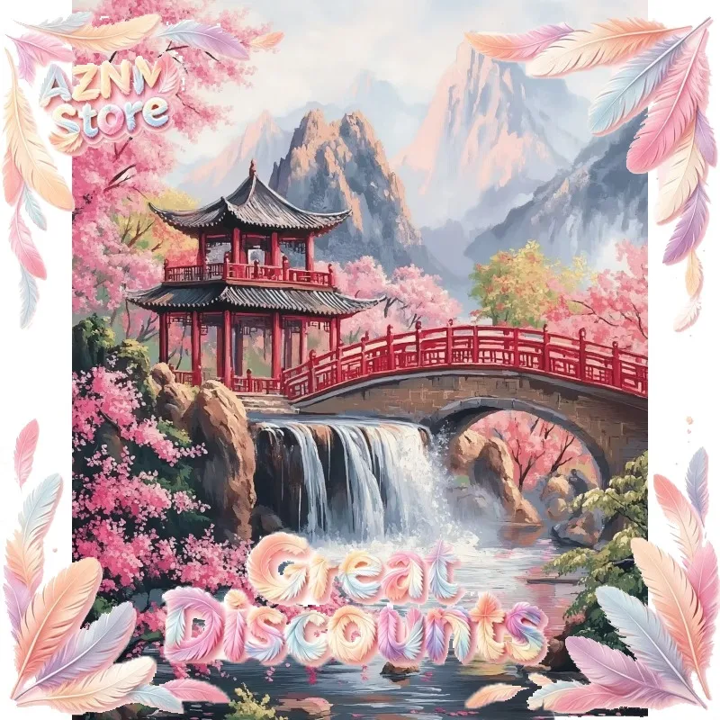 2026Painting By Numbers Canvas Pink cherry blossoms retro pavilions scenery Adult Coloring Picture Drawing Diy Kits