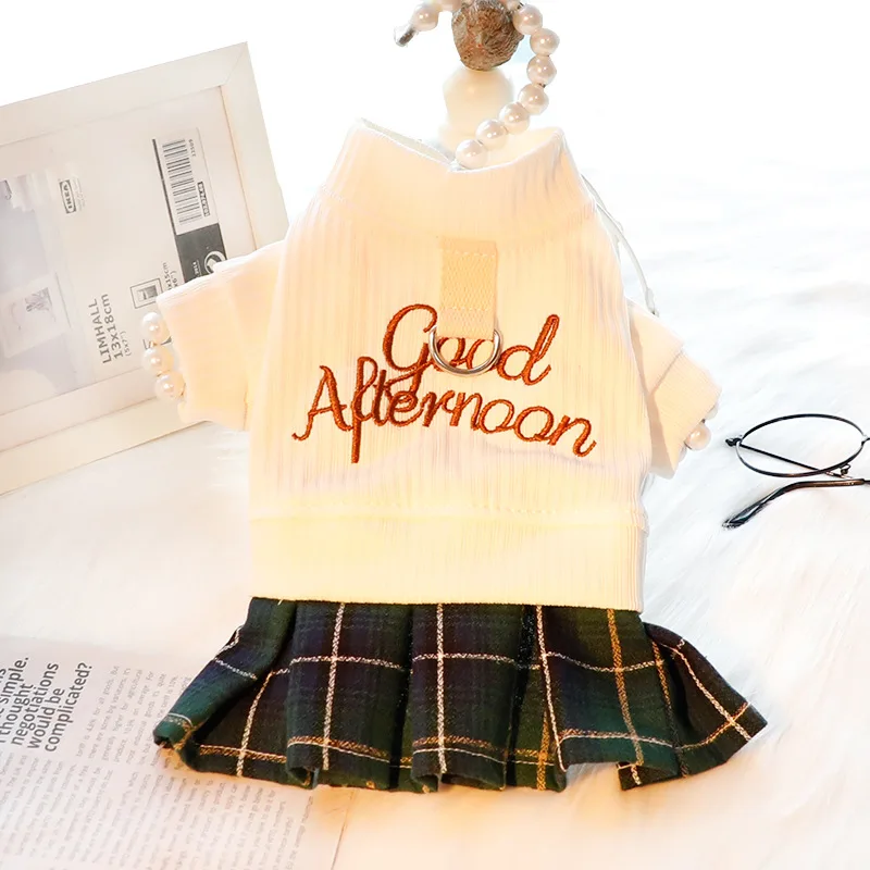 Dog Pet Clothing Plaid Dress for Dogs Clothes Cat Small Letter Print Good Afternoon Fashion Sweet Girl Yorkshire Accessories