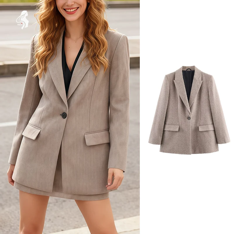 

Женский бежевый пиджак с лацканами с вырезом — одна пуговица, карманы с клапаном, элегантная офисная и повседневная одежда