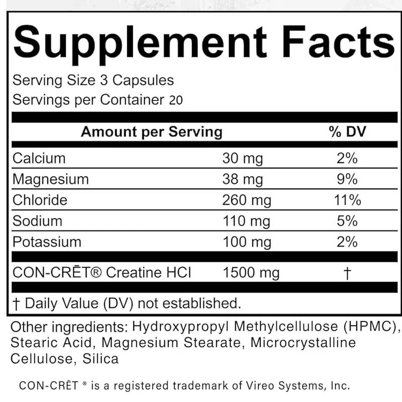 Creatine HCL Capsules 50 Serv/1.5G Clinical Dose Creatine Pills (Hydrochloric Acid) High Absorption Creatine Pills