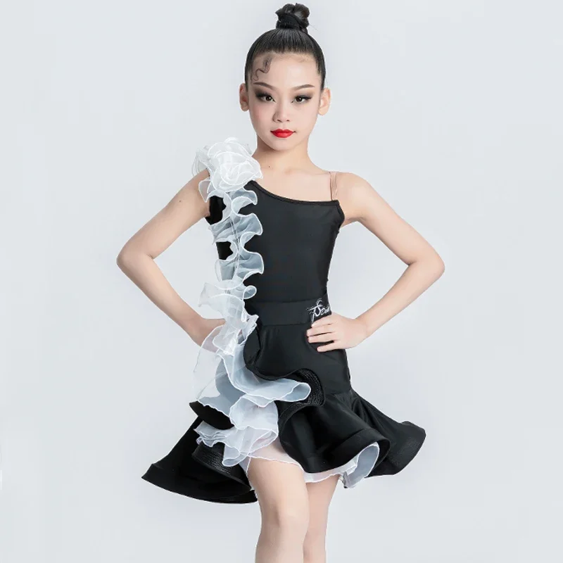 Summer Sleeveless Black Latin Dance Dress Girls Performance Dancing Dress Child Chacha Ballroom Dance Competition Wear 8037