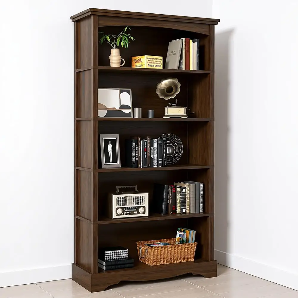 

5-ярусный деревянный книжный шкаф высотой 65 дюймов с местом для хранения, напольный, в современном стиле, для гостиной, офиса, кабинета