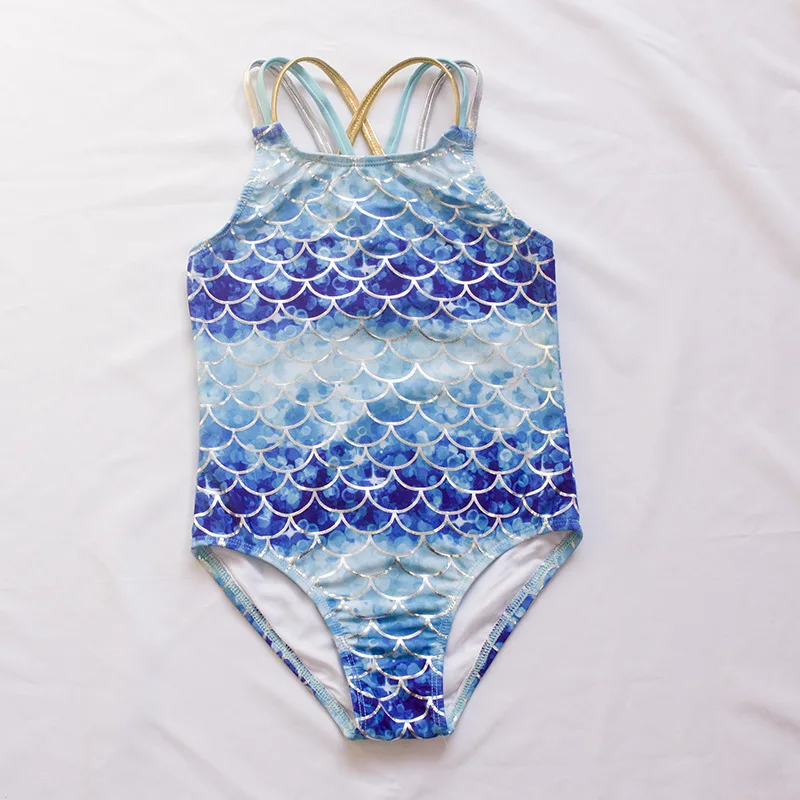 

2025 Summer New Blue Mermaid One-piece Swimsuit for Girls Hot Pressed Goldfish Scale Swimsuit for Children