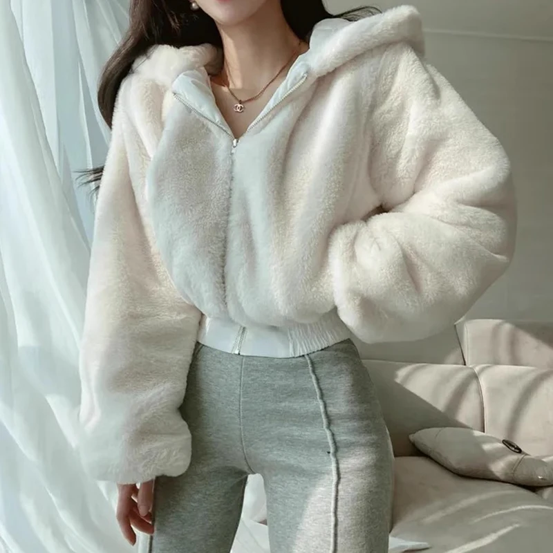 Chic hiver femmes fermeture éclair à capuche longue Sve couleur Pure ort manteau décontracté polyvalent coupe ample fourrure Jaet trajet Sle