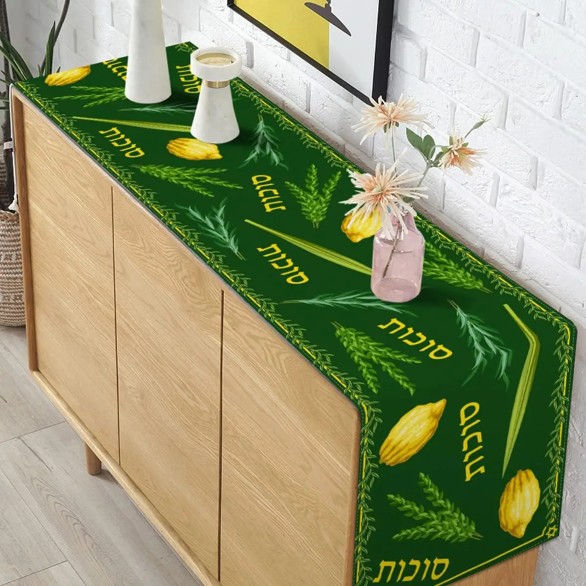 Happy Sukkot Linen Table Runner Sukkah Etrog Lulav Table Decor Jewish Holiday Party Celebration Dining Room Home Decoration