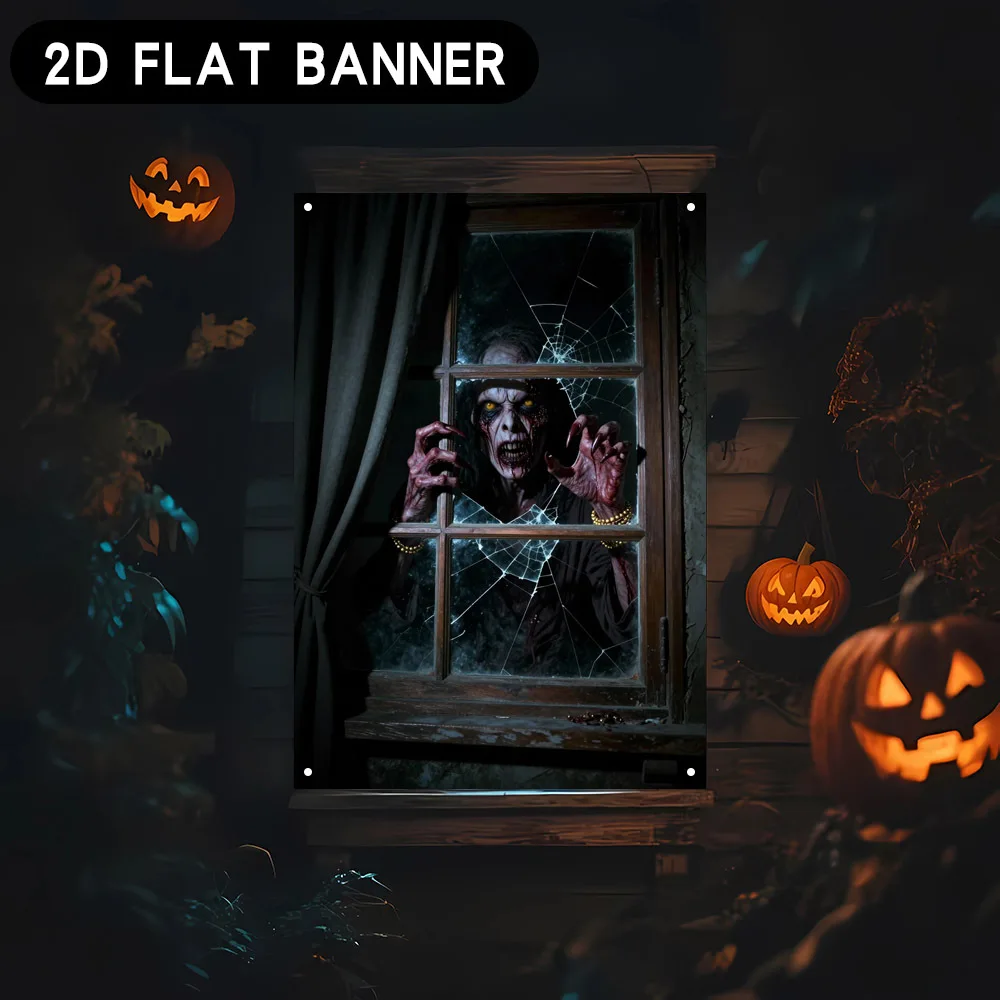 2D flat banner 1pc Halloween window banner background fabric. Horror zombie party theme window covering fabric view 3