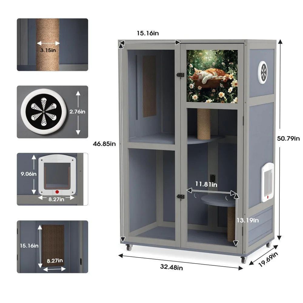 Large Wooden Cat House on Wheels, Indoor Cat Villa with Condo, Multi Platforms, Scratchers, Vent, Litter Box Area