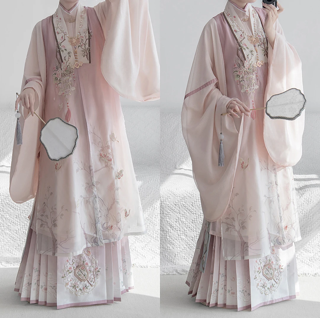 الخريف والشتاء نمط Hanfu دعوى سلالة مينغ Hanfu المطرزة الدائمة الرقبة قميص طويل بيجيا الحصان الوجه تنورة مجموعة يومية