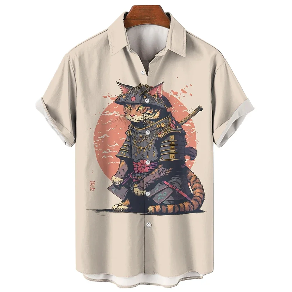 New Style Men\'s Hawaiian Shirts 3D Prints Vintage Cool Samurai Cat Graprhics Shirts Harajuku Men\'s Short Sleeve Tee Tops Summer