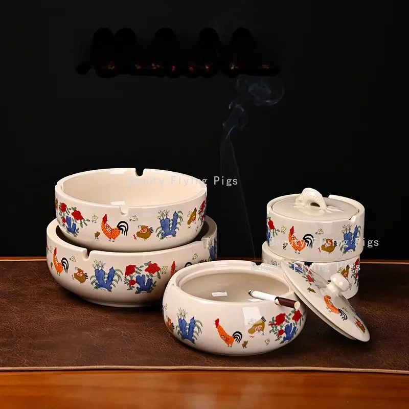 1pc Ceramic Ashtray Chicken Ashtray Chinese Style Covered/uncovered Ashtray Desktop Key Storage Tray Household Merchandises