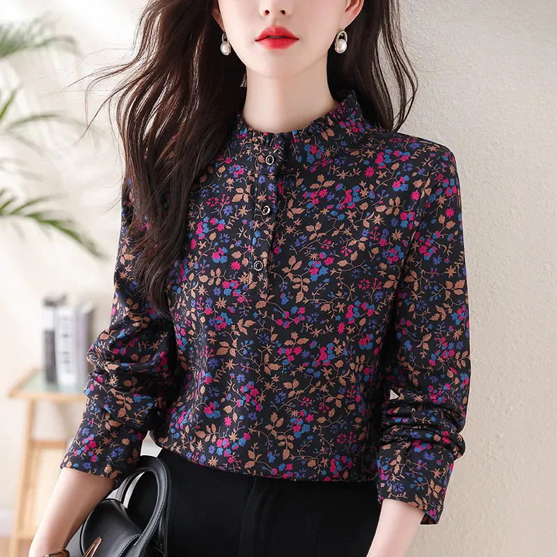 2024 Long Sleeved Floral Shirt Women Spring New Stand Up Collar, Mom's Temperament Top, Printed Buttons Age Reducing Small Shirt