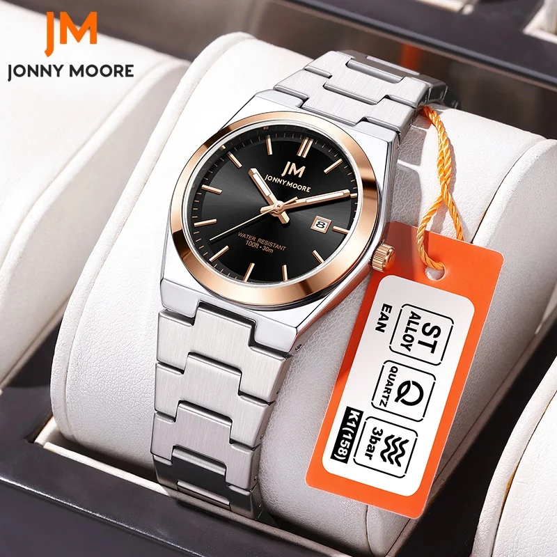 

Женские часы в подарочной упаковке JONNY MOORE 1011, новые кварцевые часы из розового золота с ремешком из нержавеющей стали, водонепроницаемые женские часы с календарем