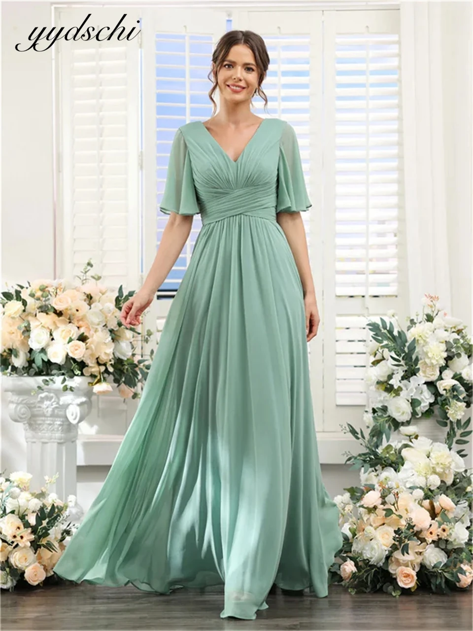 

Customized V-neck Chiffon Criss-cross Short Sleeves A-line Evening Dresses For Women Floor Length 2025 Prom Dresses Party Dress