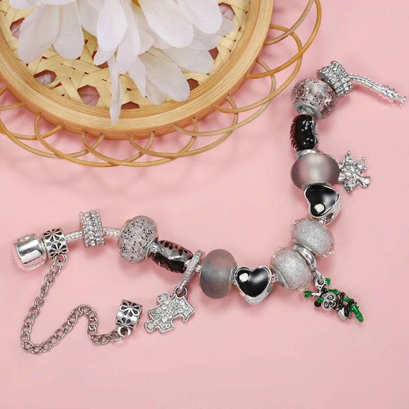 Panda Embracing Bamboo & Black Heart With Tree Pendent DIY Charm Brand Bracelet Fashion Jewelry For Women & Kids Making Gift New
