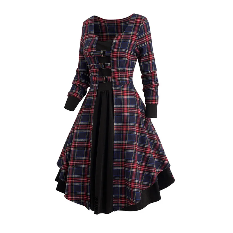 Women Fall Winter Dresses Plaid Print Mini Faux Twinset Dress Buckle Strap Long Sleeve Casual Dress 2024 New