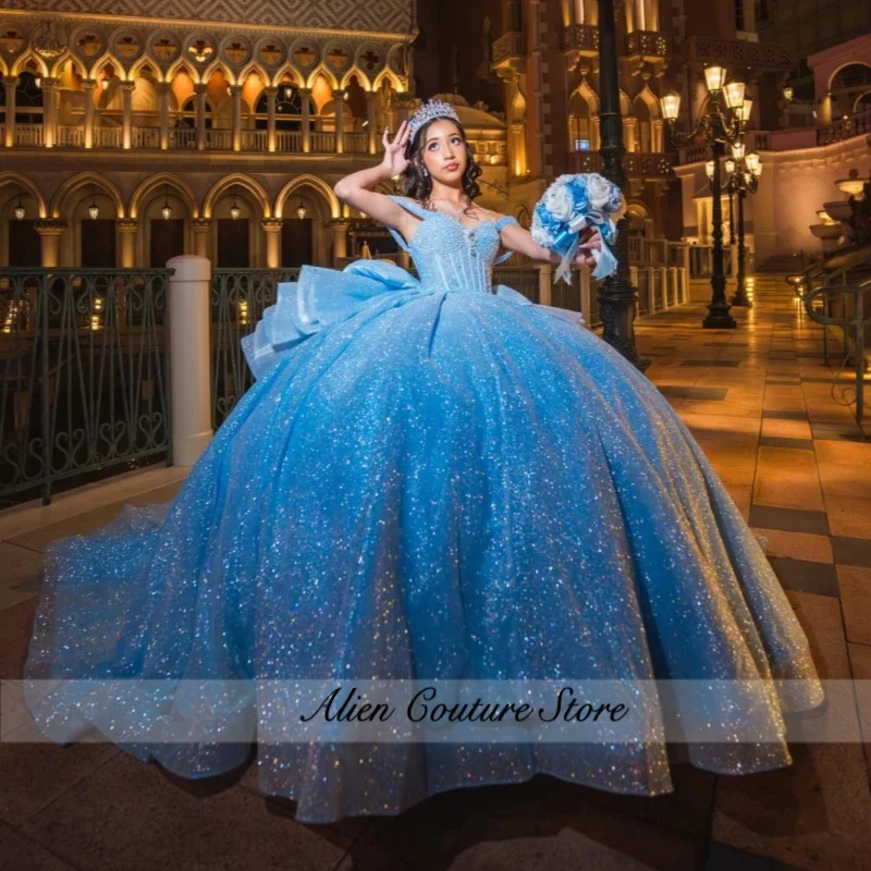 

Blue Shiny Princess Quinceanera Dresses Off Shoulder Beading Crystal Corset Tull Sweet 16 Dress Ball Gown Vestidos Customized
