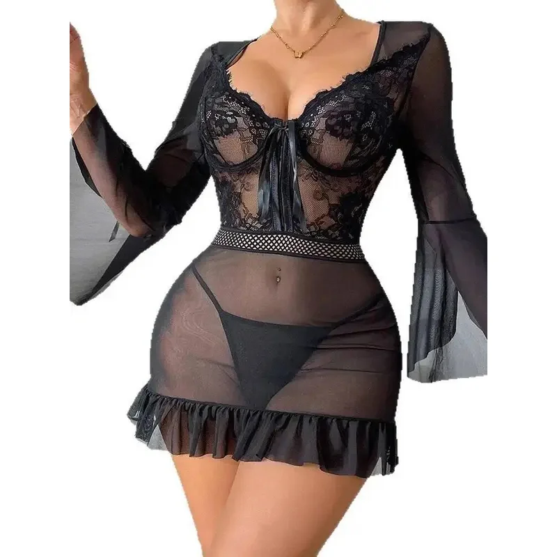 Sexy Lace Mesh Patchwork Sheer Long Sleeve Nightdress Sexy Transparent U-Neck Wrap Hip Dress Charming Pure Desire Elegant