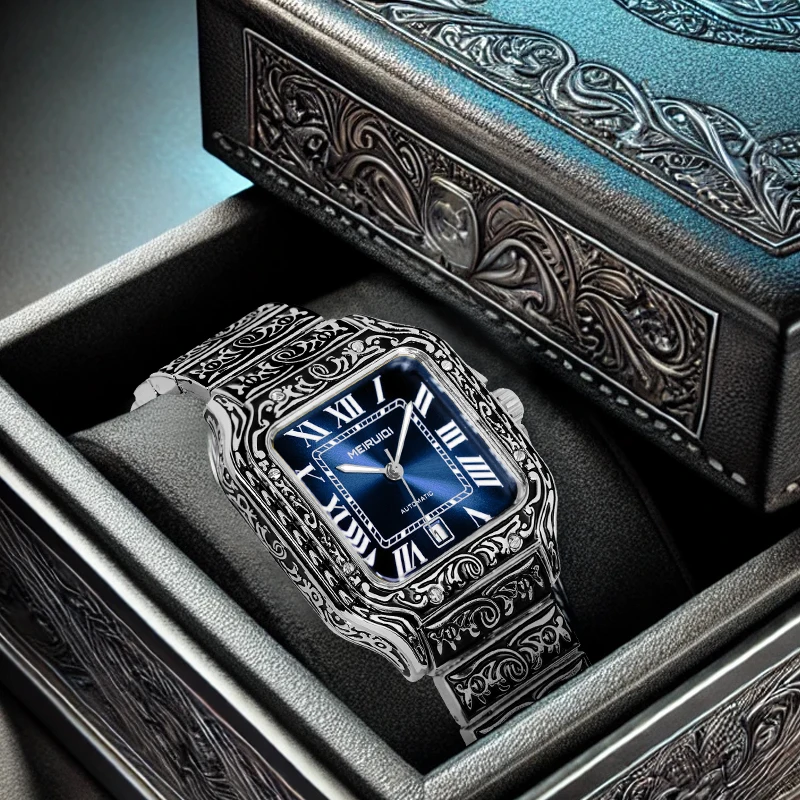 

Мужские классические механические часы с турбийоном и гравированным календарем в ретро-стиле, сине-черные.