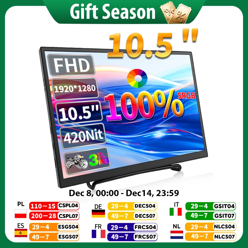 

HGFRTEE 10.5 inch Portable Monitor 420Cd/m ² FHD 1280P 100% SRGB Laptop Second Screen For Mac Xbox PS4/5 Switch