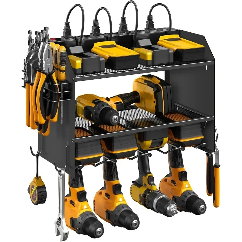 

Modular Power Tool Organizer Wall Mount with Charging Station. Garage 4 Drill Storage Shelf with Hooks, Screwdriver