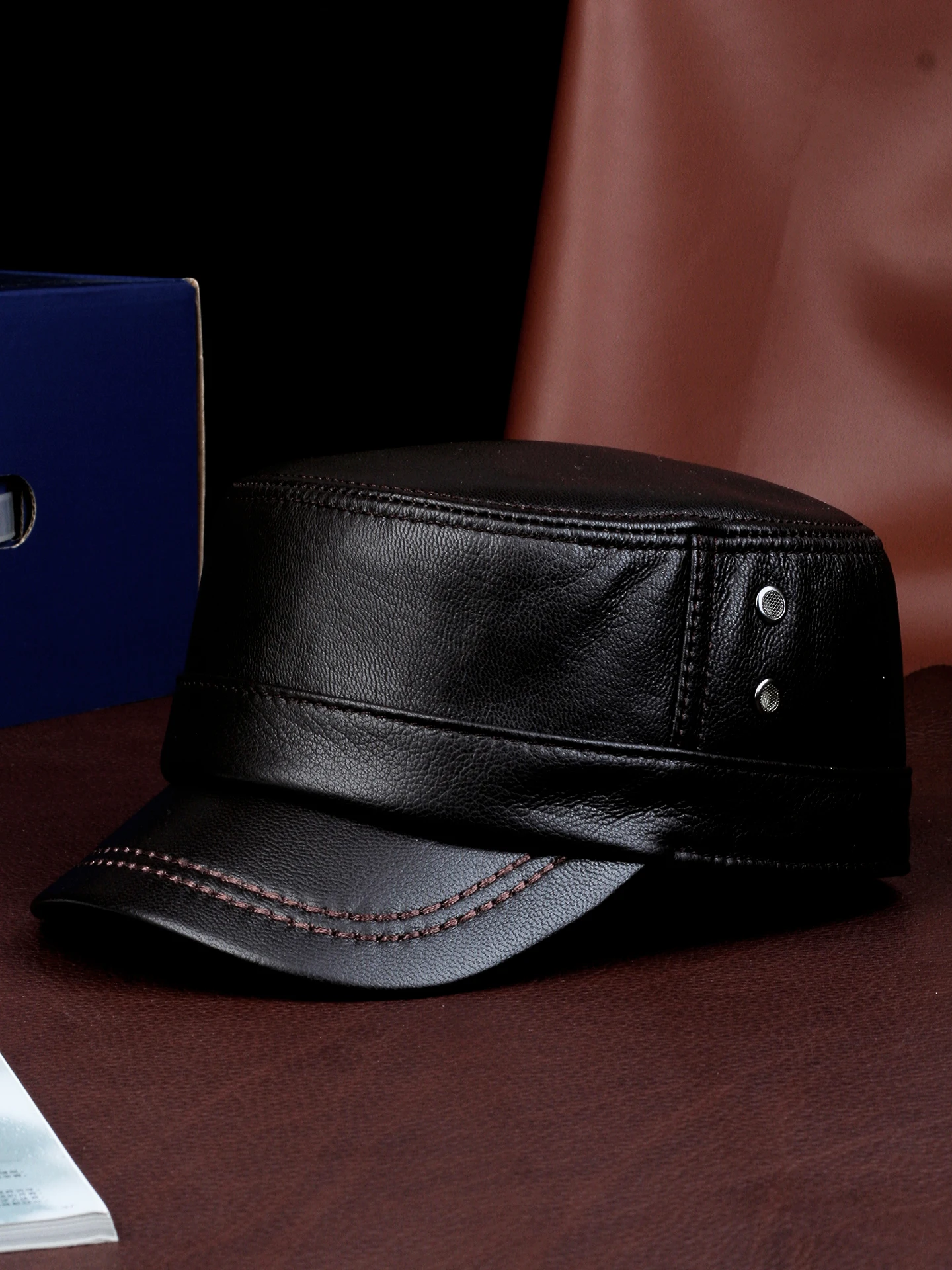 シェガ-メンズ-レザーキャップ-ショートブリム-フラットトップ-暖かい冬用帽子-ヤギ革-秋冬-カジュアル-ストリートスタイル-調整可能フィットハット