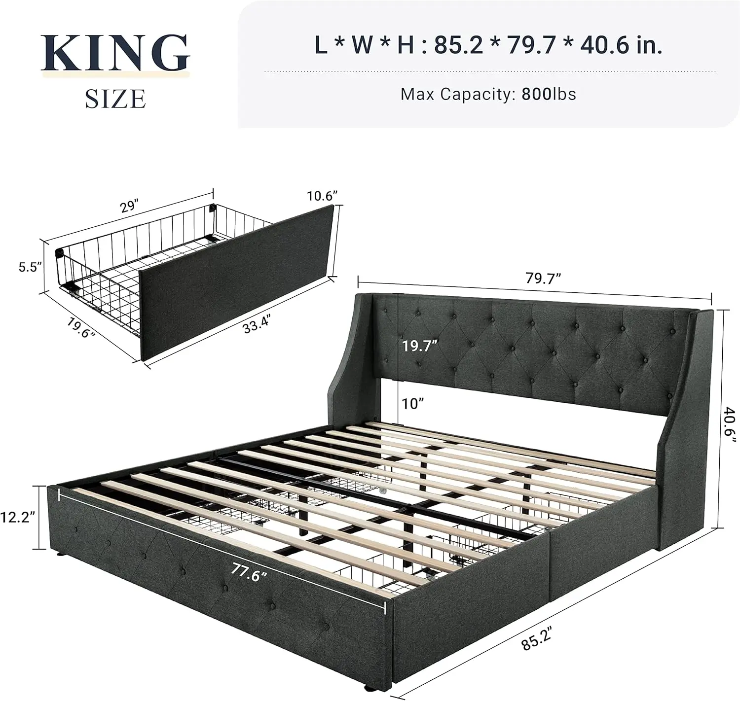 King Size Bed Frame with 4 Storage Drawers and Wingback Headboard Button Tufted Design No Box Spring Needed Dark Grey