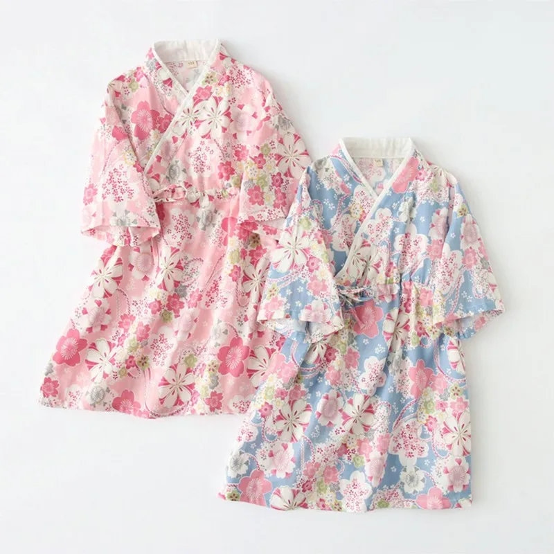 Japanese Children\'S Kimono Yukata Long-Sleeved Nightdress Baby Cotton Sleepwear Kids Print Comfortable Home Nightdress LC829