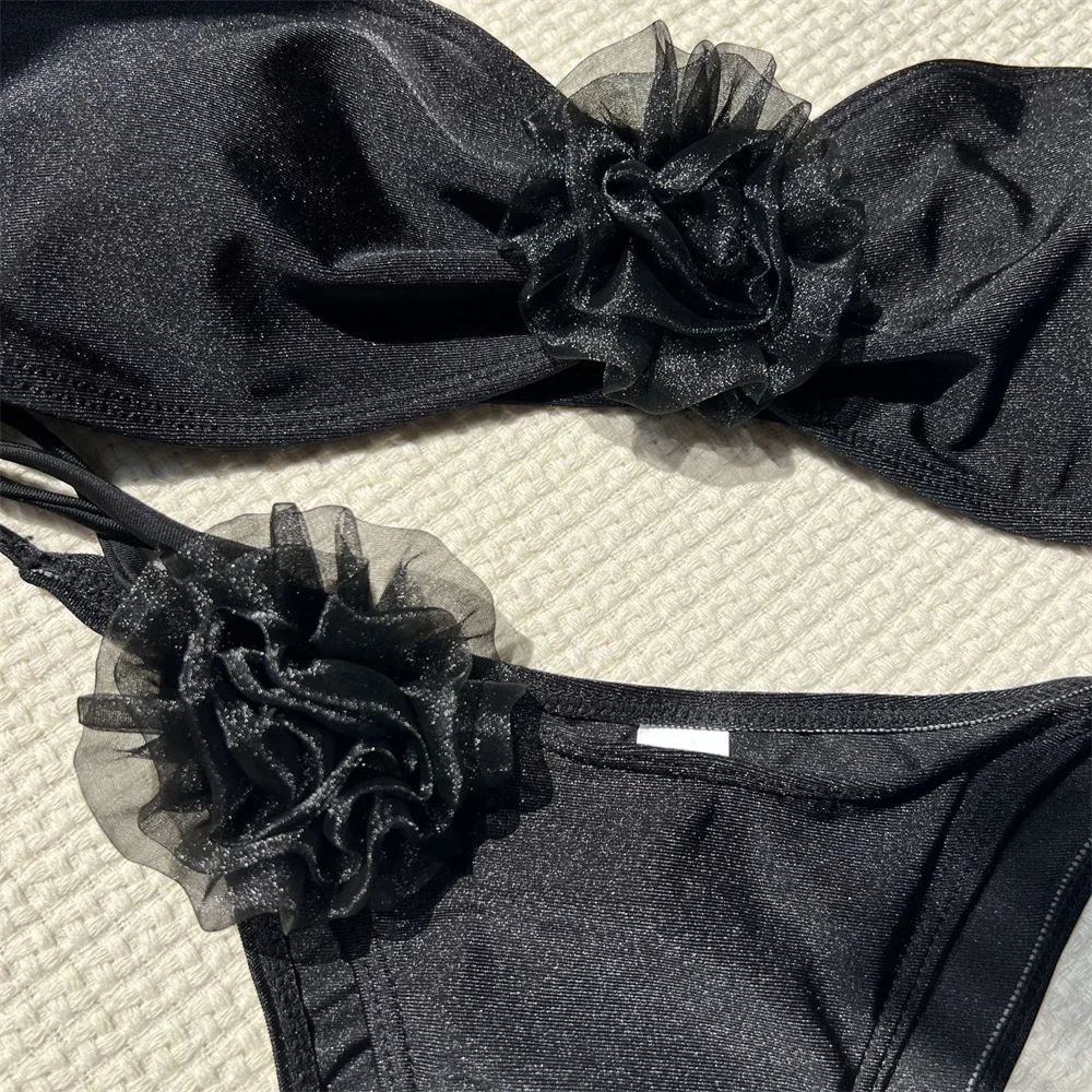 Sexy solid string Swimsuit woman Bikini Thong tulle Floral Bandeau Swimwear beach Outfit strapless backless bikinis Bathing Suit