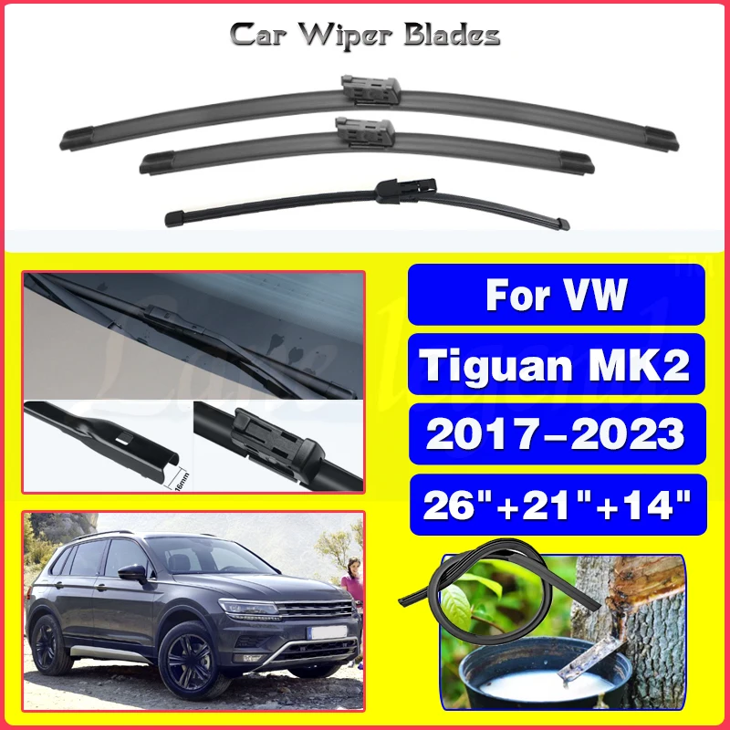 

For VW Volkswagen Tiguan MK2 2017-2023 26"+21"+14" Front Rear Wiper Blades Brushes Cutter Accessories 2018 2019 2020 2021 2022