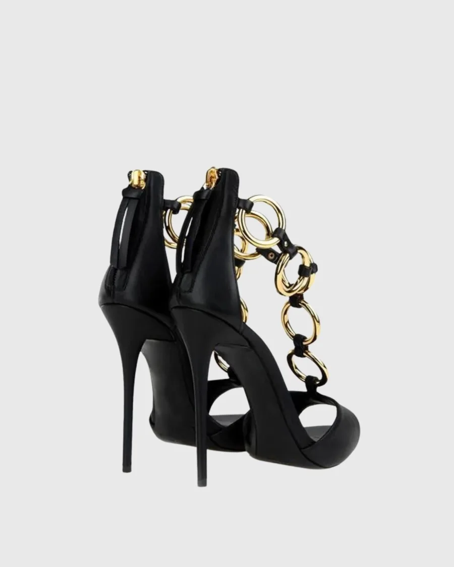 Women Black Leather Gold Chain Link Peep Toe Stiletto Heel Sandals, Open Back Zipper High Heels Luxury Designer Style Heels view 2