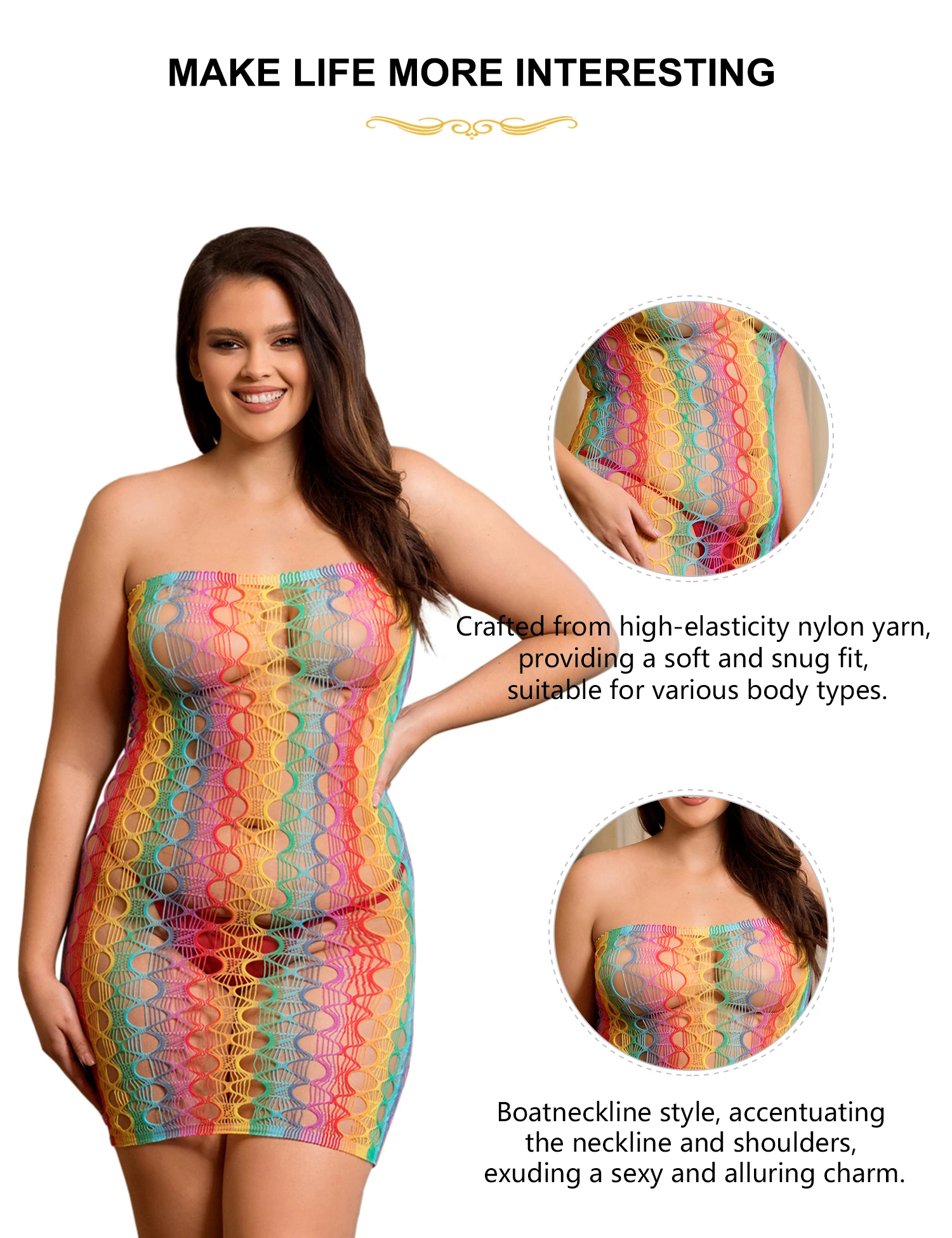 Ohyeahlady Women Hollow Out See Through Bodystocking Colorful Fishnet Nightgown Nightie Sleepwear Stretch Big Size Sexy Lingerie