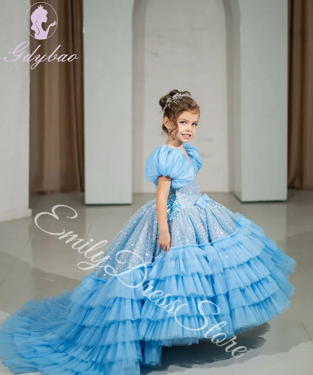 

Customized Blue Layered Sequins Flower Girl Dress For Wedding With Bow Shining Kids Birthday Party Dress Pageant Ball Gown