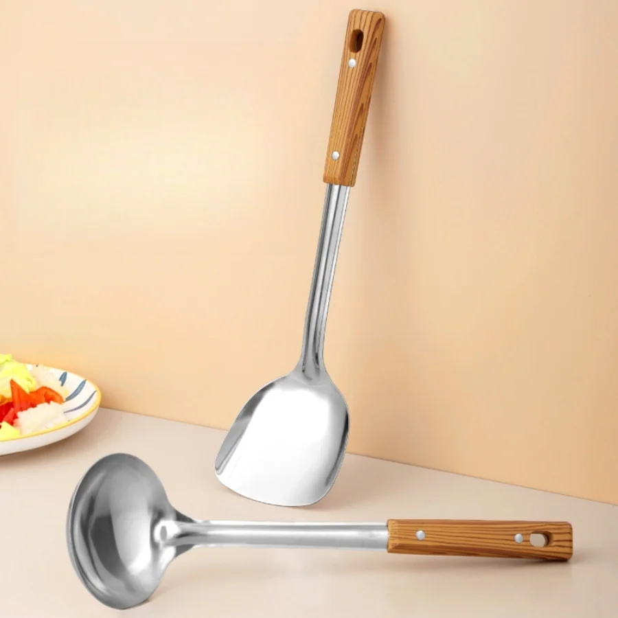 1pc Stainless Steel Imitation Wood Grain Handle Spatula Leaky Shovel Spoon 5 Tools for Kitchen Light for Cooking Kitchen Tools