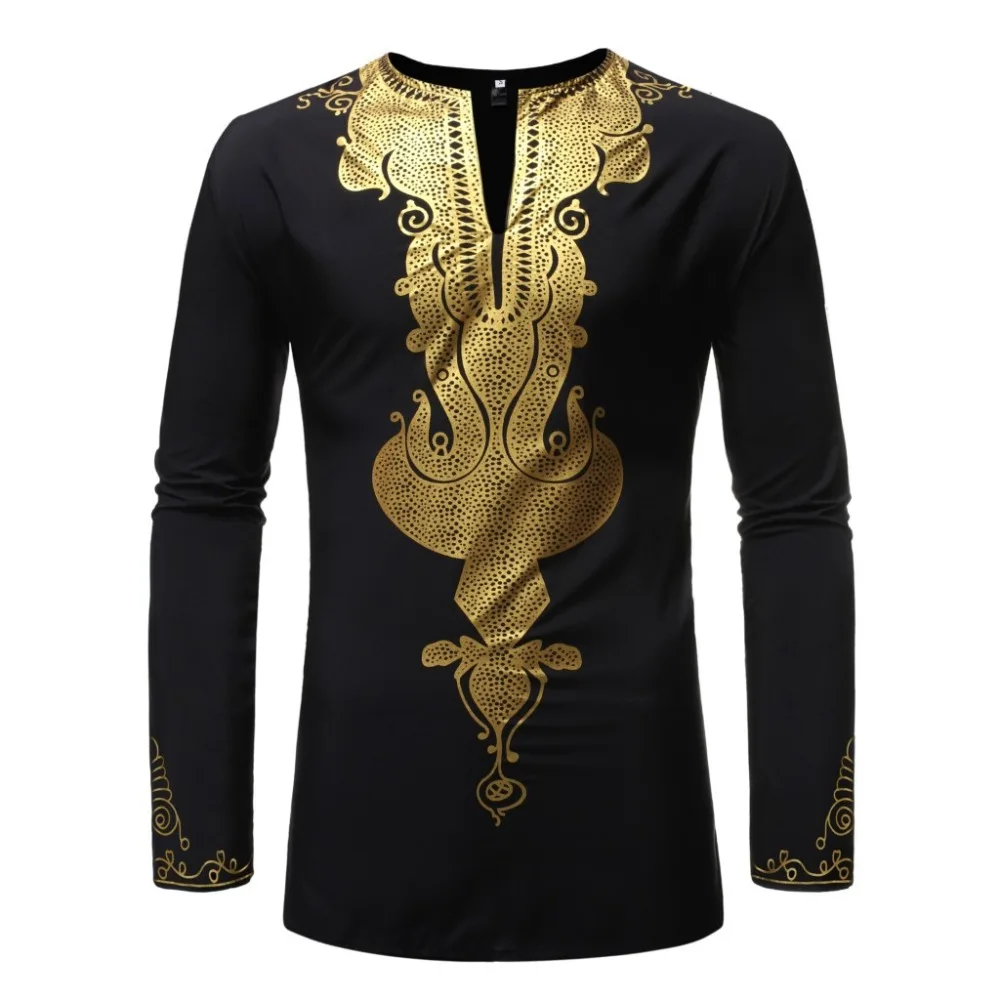 

Black African Clothes 2024 Luxury Bronzing African Dashiki Print Dress Shirt Men Hip Hop Streetwear Casual African Clothing XXL