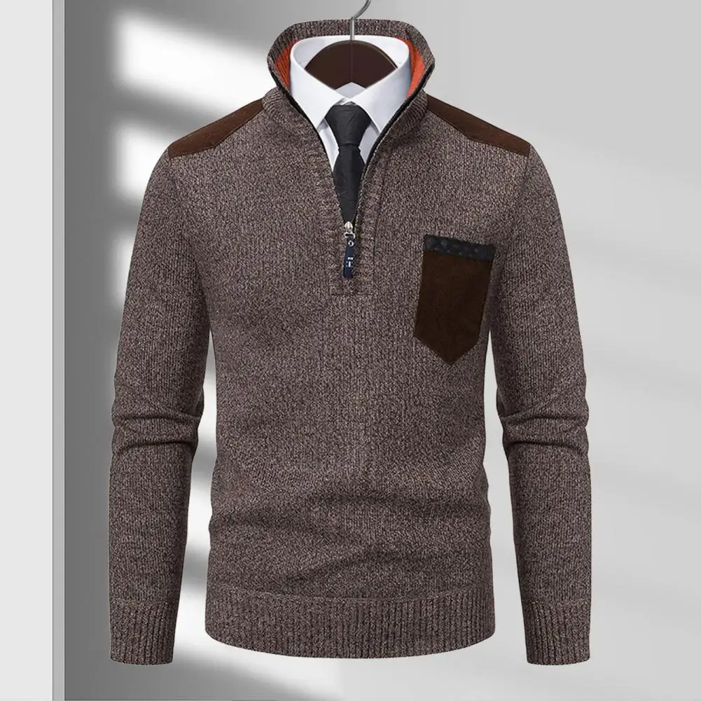 Men Sweater Half Zipper Sweater Stand Collar Long Sleeves Knitted Thick Chest Pocket Pullover Slim Fit Windproof Warm Top