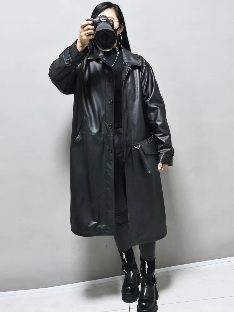 겨울 여성용 따뜻한 패딩 트렌치코트 소가죽 진짜 가죽 롱 재킷 루즈핏 보이프렌드 스타일 윈드브레이커 오버사이즈 코트