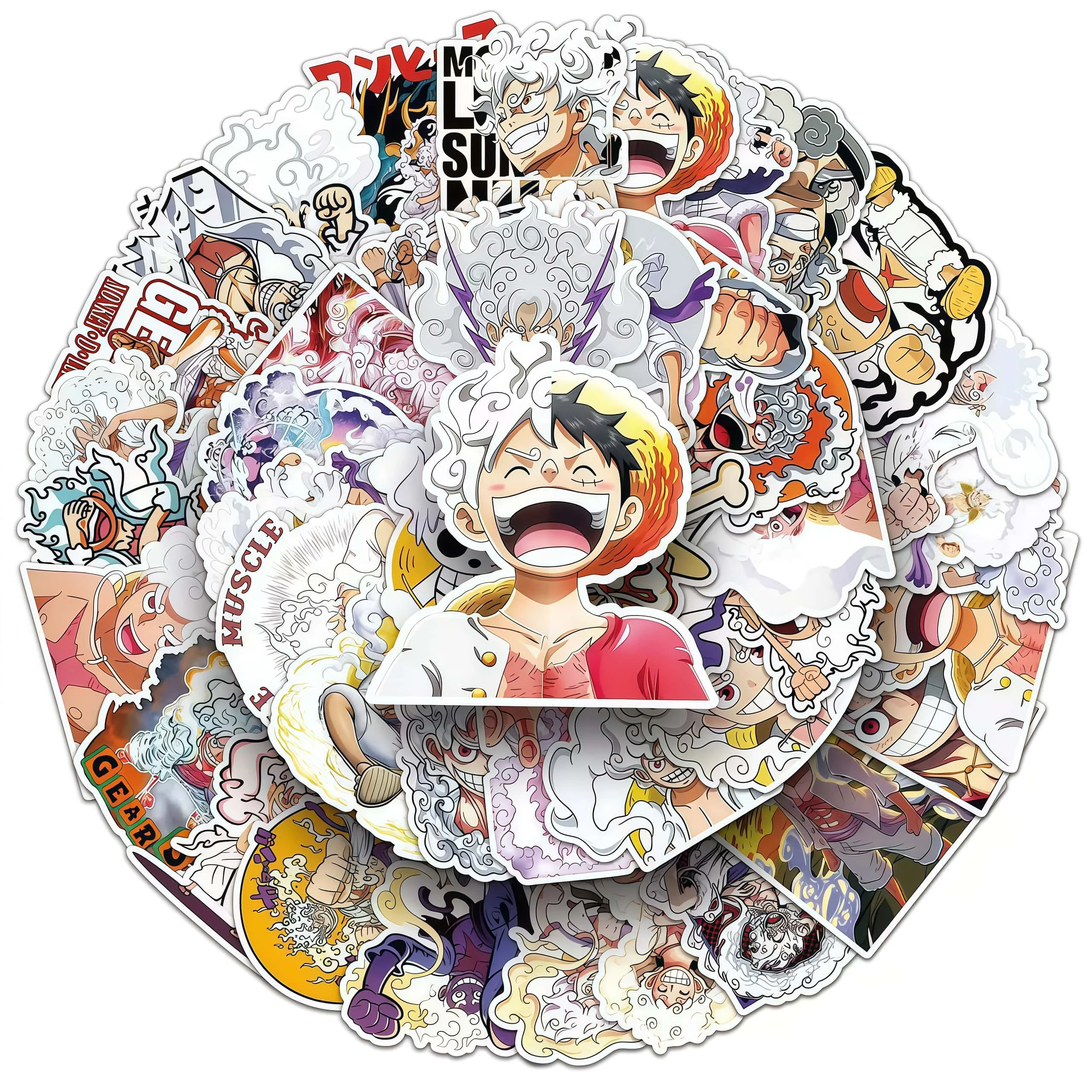 50Pcs One Piece Gear 5 Luffy Nika Sticker Pack, Colorful Sun God Manga Character Decals for Laptop, Water Bottle & Journal DIY