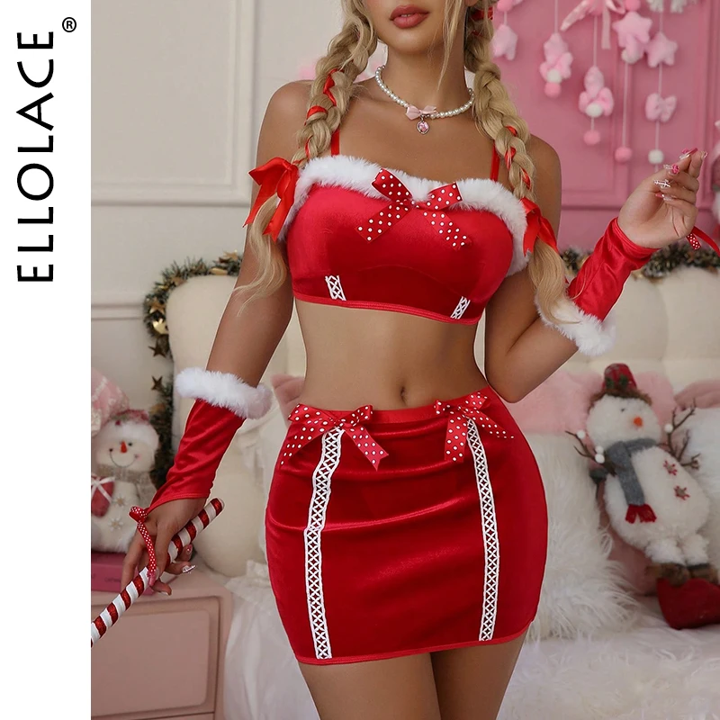 Ellolace Christmas Bows Lingerie Onlyfans 5-Piece Velvet Top Skirt Oversleeve Thongs Festival Outfit Sexy Lingerie New 2025