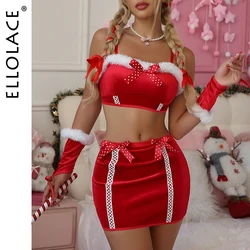 Ellolace Christmas Bows Lingerie Onlyfans 5-Piece Velvet Top Skirt Oversleeve Thongs Festival Outfit Sexy Lingerie New 2025