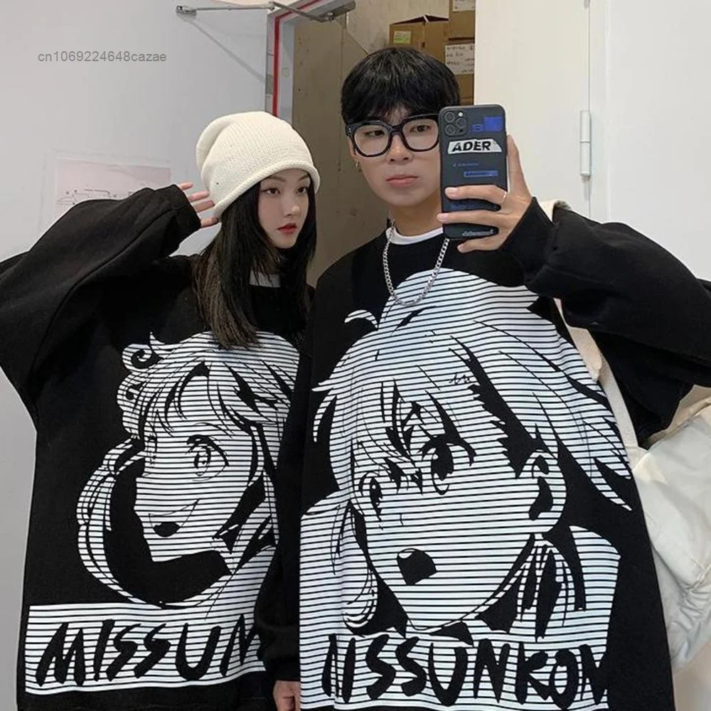 

Ainme Harajuku New Loose Pullovers Couple Design Round Neck Fashion Cotton Sweatshirts Women Men Top Shirt Y2k Trend Clothing